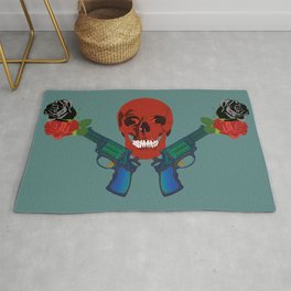 Red color human skull with two red and black color roses and two guns on dark pistachio color background Rug