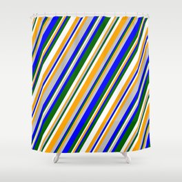[ Thumbnail: Eyecatching Grey, Blue, Dark Green, White, and Orange Colored Stripes/Lines Pattern Shower Curtain ]