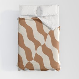Retro Wavy Abstract Swirl Lines in Brown & White Duvet Cover