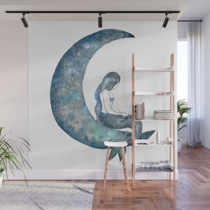 Mermaid moon watercolor painting print art Wall Mural