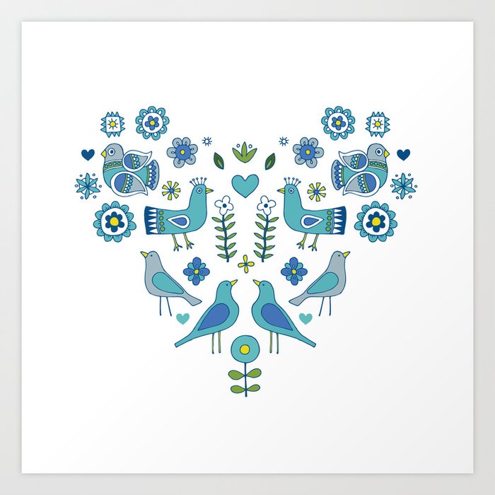 Scandi Folk Birds - blue & white Art Print