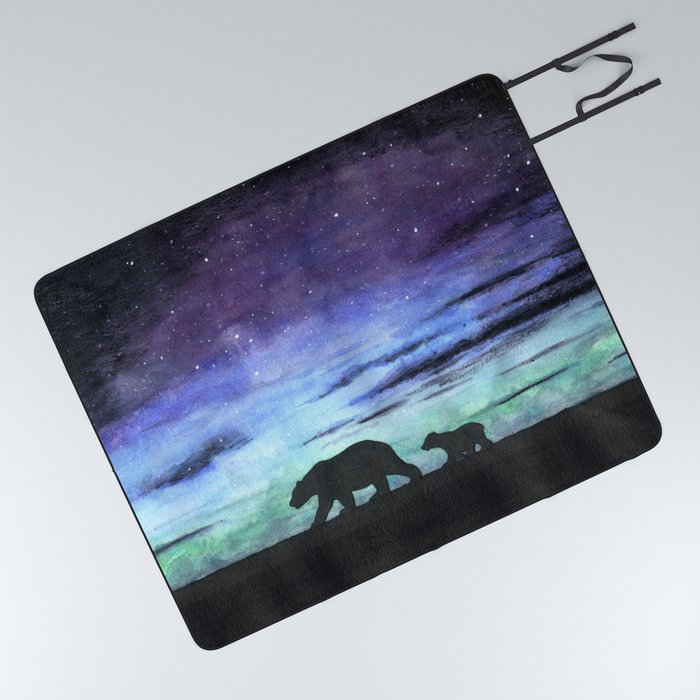 Aurora borealis and polar bears (black version) Picnic Blanket