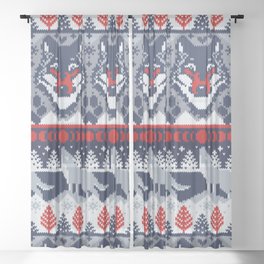 Fair isle knitting grey wolf // navy blue and grey wolves red moons and pine trees Sheer Curtain