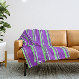 [ Thumbnail: Light Green & Dark Orchid Colored Stripes/Lines Pattern Throw Blanket ]