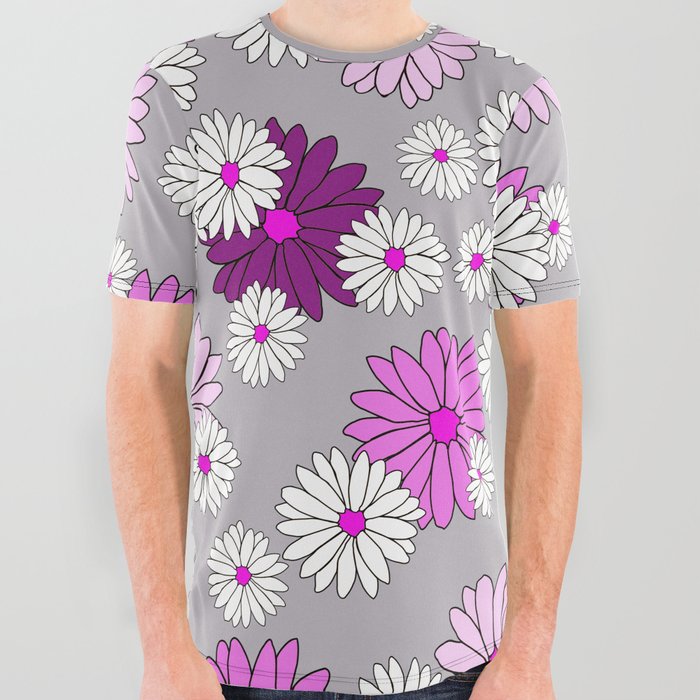 Daisies Flower Blossoms pink white floral Design All Over Graphic Tee