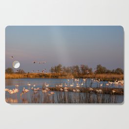 Flamingos flying above water at the sunset Cutting Board