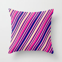 [ Thumbnail: Deep Pink, Blue, and Tan Colored Stripes/Lines Pattern Throw Pillow ]