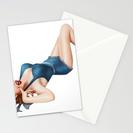 Sexy Pinup Girl Red Hair Blue Dress  Stationery Card