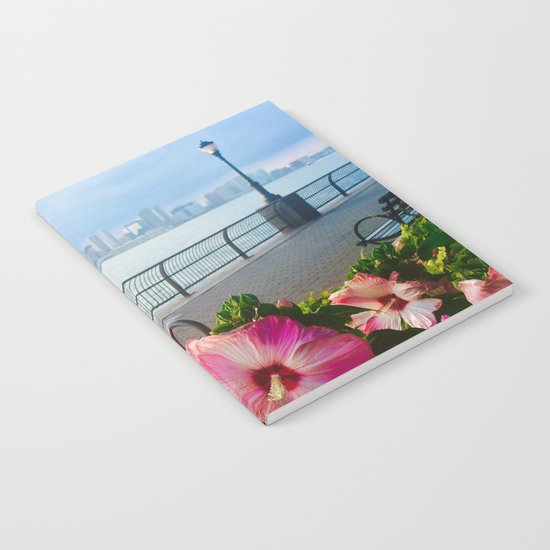 Battery Park New York City Skyline with Pink Hibiscus Flowers Notebook