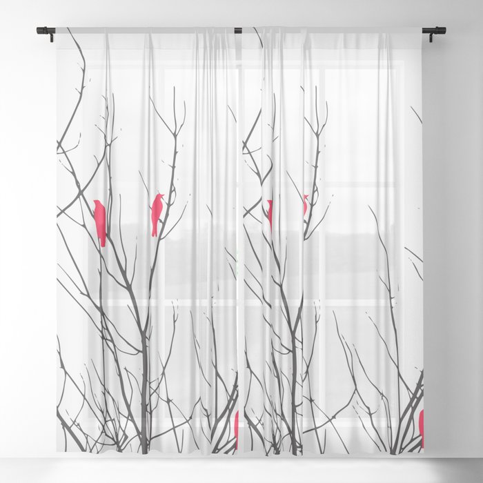 Artistic Bright Red Birds on Tree Branches Sheer Curtain