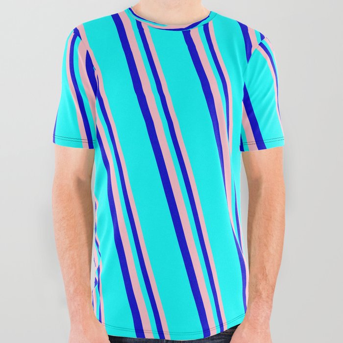 Pink, Blue, and Cyan Colored Lines Pattern All Over Graphic Tee