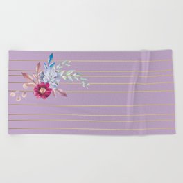 Pastel Watercolor Floral with Metallic Stripes Beach Towel