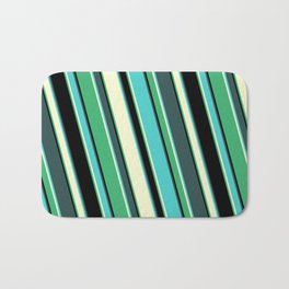[ Thumbnail: Colorful Dark Slate Gray, Turquoise, Light Yellow, Sea Green, and Black Colored Lined Pattern Bath Mat ]