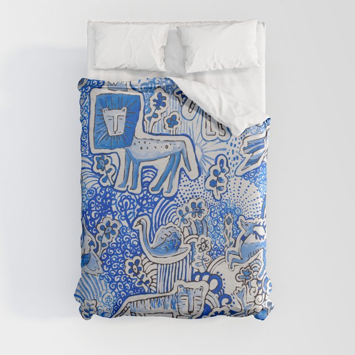 Delft Blue and White Pattern Painting with Lions and Tigers and Birds Duvet Cover