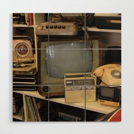 Vintage TV telephone radio clock electronic communication entertainment equipment   Wood Wall Art