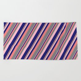 [ Thumbnail: Light Coral, Gray, Pink & Midnight Blue Colored Stripes Pattern Beach Towel ]