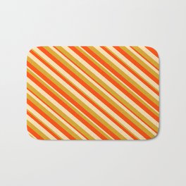 [ Thumbnail: Red, Beige, and Goldenrod Colored Lined Pattern Bath Mat ]