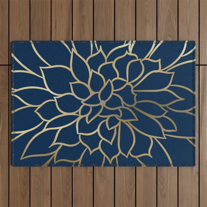 Floral Prints, Line Art, Navy Blue and Gold Outdoor Rug