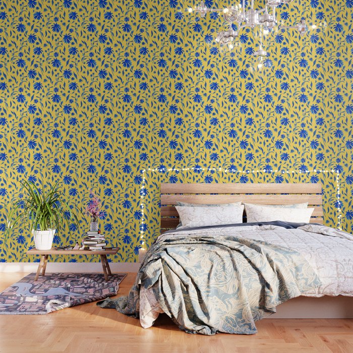 Elegant Blue Yellow Cone Flowers Floral Pattern Wallpaper