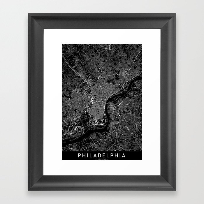 Philadelphia Black Map Framed Art Print