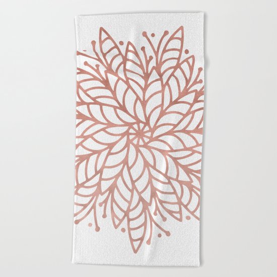Mandala Flowery Rose Gold on White Beach Towel