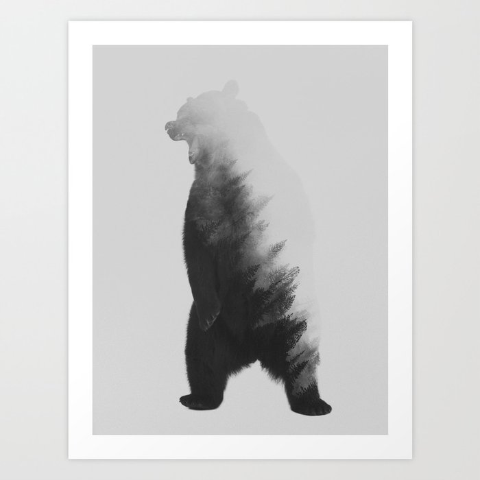Roaring Bear (black & white version) Art Print