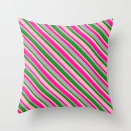 [ Thumbnail: Deep Pink, Dark Gray, Forest Green, and Light Pink Colored Lines/Stripes Pattern Throw Pillow ]