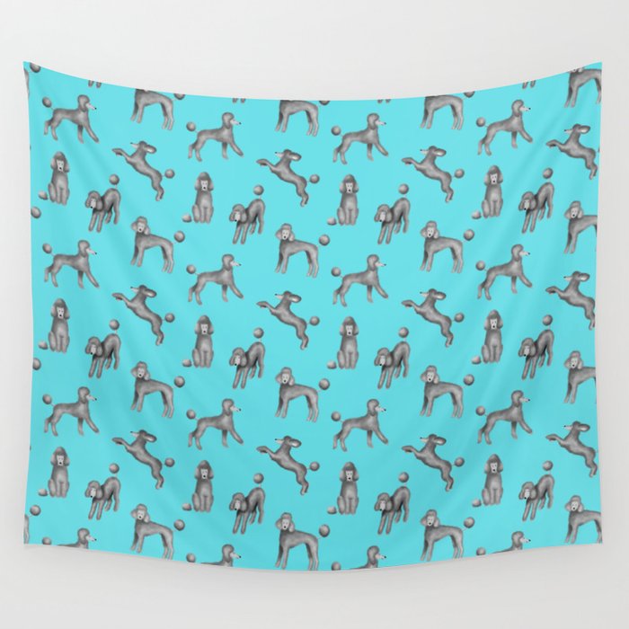 Gray Poodles Pattern (Blue Background) Wall Tapestry
