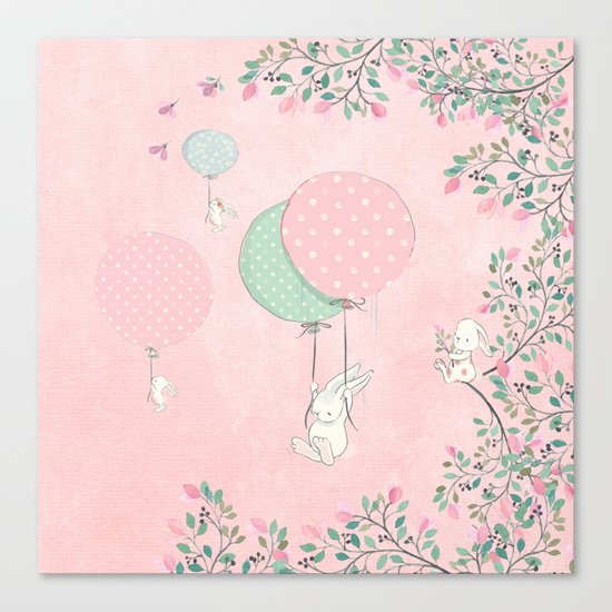 Cute flying Bunny with Balloon and Flower Rabbit Animal on pink floral backround Canvas Print