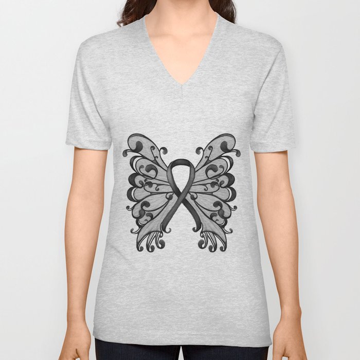 Cancer Ribbon Black with Butterfly Wings - Melanoma V Neck T Shirt