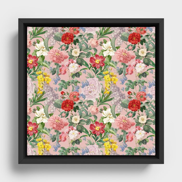 Lush Summer Garden - Vintage Botanical Illustration Collage on Pink Hibiscus color Framed Canvas