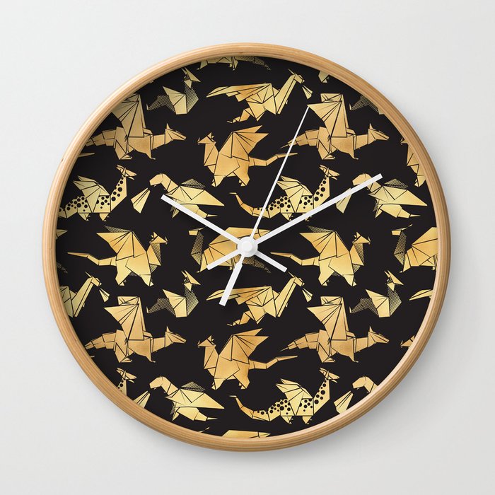 Origami metallic dragon friends // black background golden fantasy animals Wall Clock