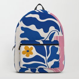 Summer Bloom: Electric Blue Leaves & Golden Poppies Backpack | Leaf, Vase, Modern, Mid Century, Vintage, Market, Spring, Botanical, Leaves, Plants 