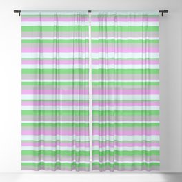[ Thumbnail: Violet, Light Cyan, Lime Green, and Dark Grey Colored Lines/Stripes Pattern Sheer Curtain ]