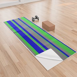 [ Thumbnail: Blue, Lime Green & Gray Colored Lined/Striped Pattern Yoga Towel ]