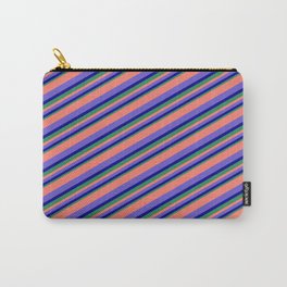 [ Thumbnail: Salmon, Slate Blue, Dark Blue & Sea Green Colored Pattern of Stripes Carry-All Pouch ]