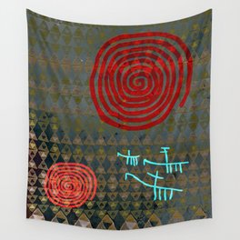 History layers Wall Tapestry | Tribal, Horses, Abstract, Menchulica, Ancestral, Symbols, Spirals, Graphic Design, Painting, Triangles 