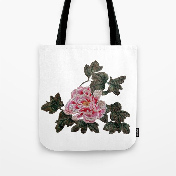Pink Peony Embroidery Tote Bag