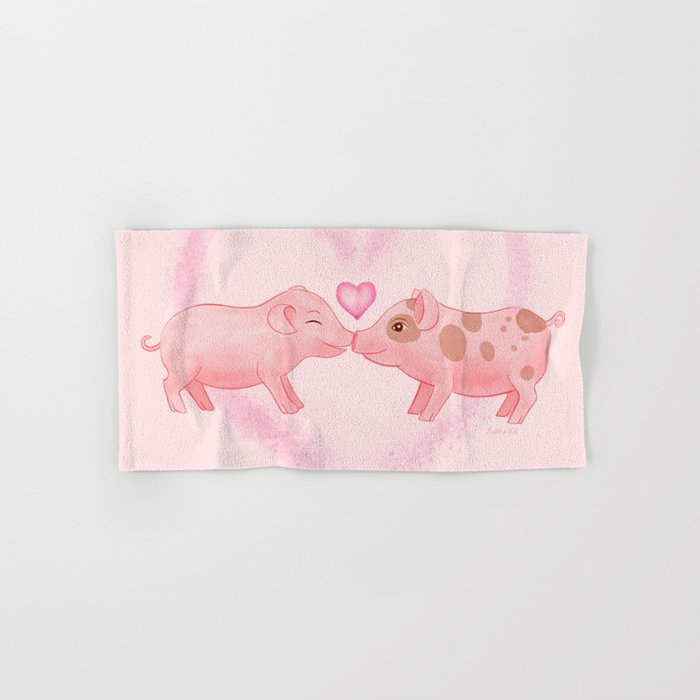 Cute Watercolor Little Pigs in Love, Farm Animals Baby Pink Hand & Bath Towel