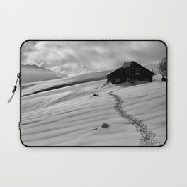 Snowcapped alpine mountain cottage - cabin winter landscape black and white photograph - photography - photographs Laptop Sleeve