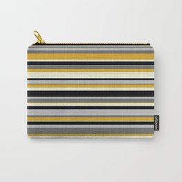 [ Thumbnail: Eyecatching Dim Grey, Goldenrod, Beige, Black & Grey Colored Pattern of Stripes Carry-All Pouch ]