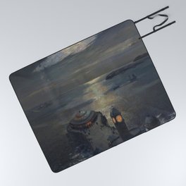 Plymouth Sound by Moonlight and Searchlight coastal nautical landscape painting by Julius Olsson Picnic Blanket