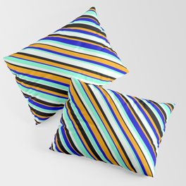 [ Thumbnail: Vibrant Mint Cream, Black, Orange, Blue & Aquamarine Colored Lined/Striped Pattern Pillow Sham ]