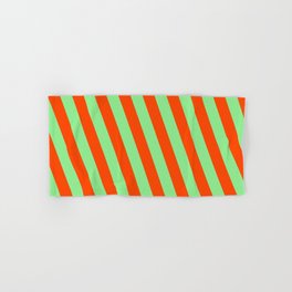 [ Thumbnail: Light Green and Red Colored Stripes/Lines Pattern Hand & Bath Towel ]