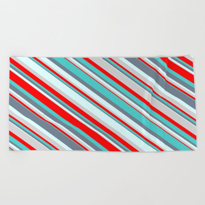 Colorful Light Grey, Red, Turquoise, Slate Gray & Light Cyan Colored Pattern of Stripes Beach Towel