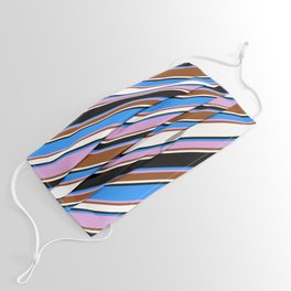 [ Thumbnail: Blue, Plum, Brown, White & Black Colored Lined/Striped Pattern Face Mask ]