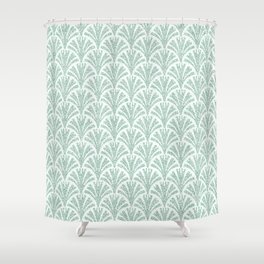 Faux Velvet Fan Pattern In Green on White Shower Curtain