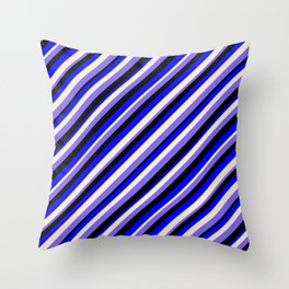 [ Thumbnail: Blue, Beige, Medium Slate Blue & Black Colored Stripes Pattern Throw Pillow ]