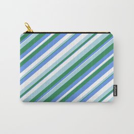[ Thumbnail: Sea Green, Cornflower Blue, White & Light Blue Colored Striped/Lined Pattern Carry-All Pouch ]