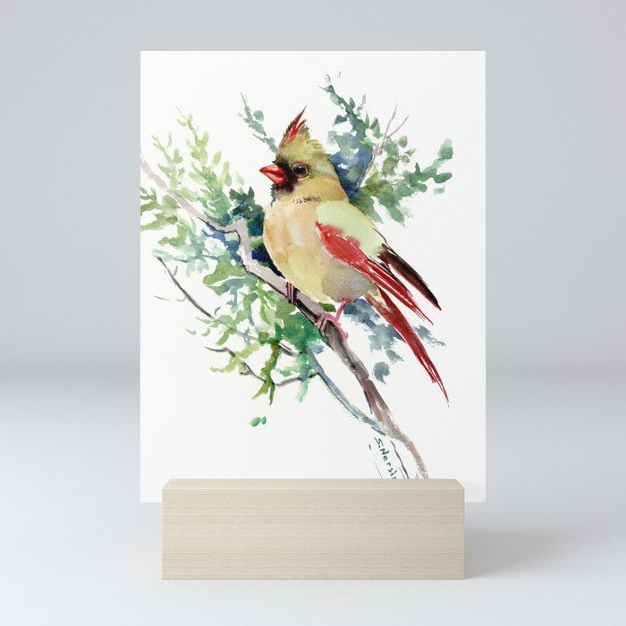 Cardinal Bird Artwork, female cardinal bird Mini Art Print